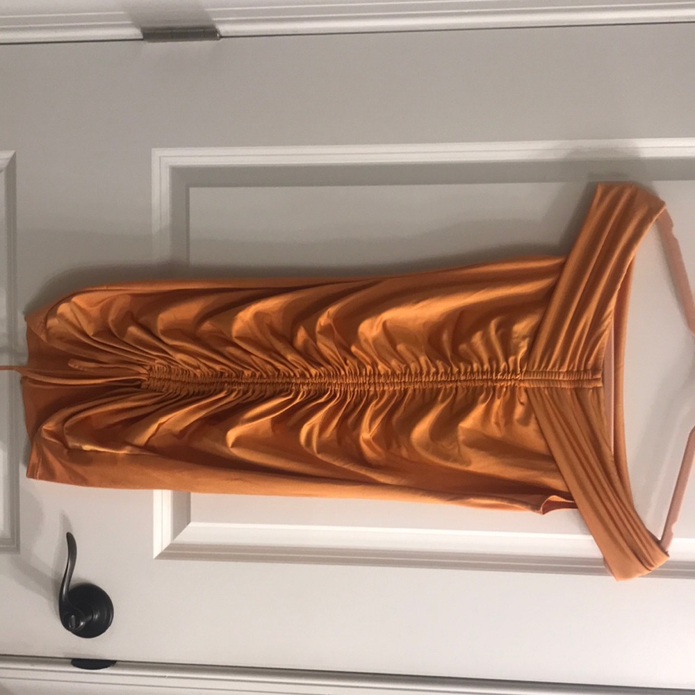 Orange/gold off the shoulder fitted minidress